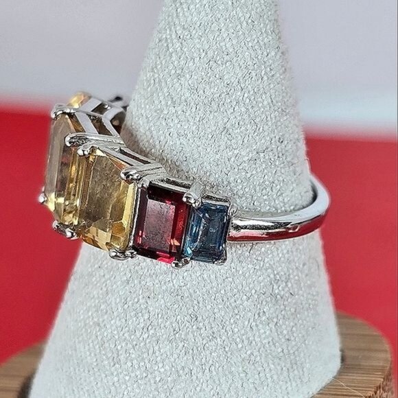 Natural Citrine, Garnet & Blue Topaz 925 Sterling Silver Ring Sz 7.75 - Picture 3 of 9